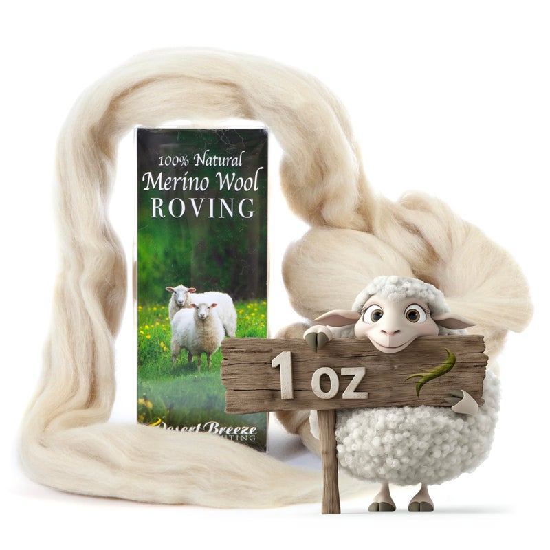 Desert Breeze Distributing 100% Natural Merino Wool Roving - Premium Combed Top Merino Roving Wool - Tapestry, Spinning, Wet Felting & Needle Felting Supplies - 21.5 Micron - 1 oz, Color Parchment - Image 1
